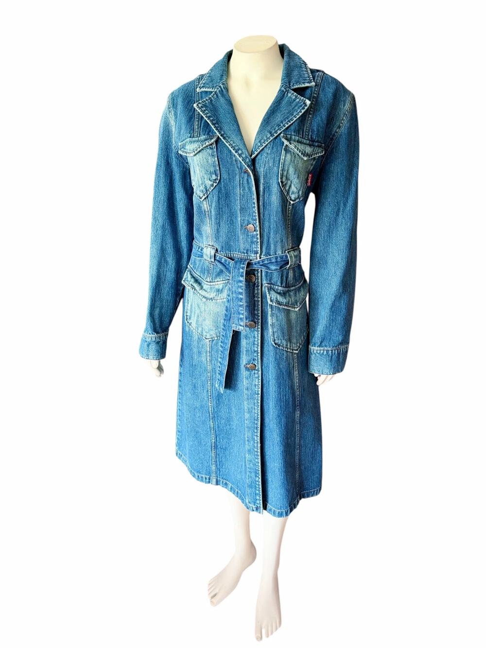 Vintage Mudd Jeans Denim Trench Coat Women Large Long Jean Jacket Belted Y2K 90s